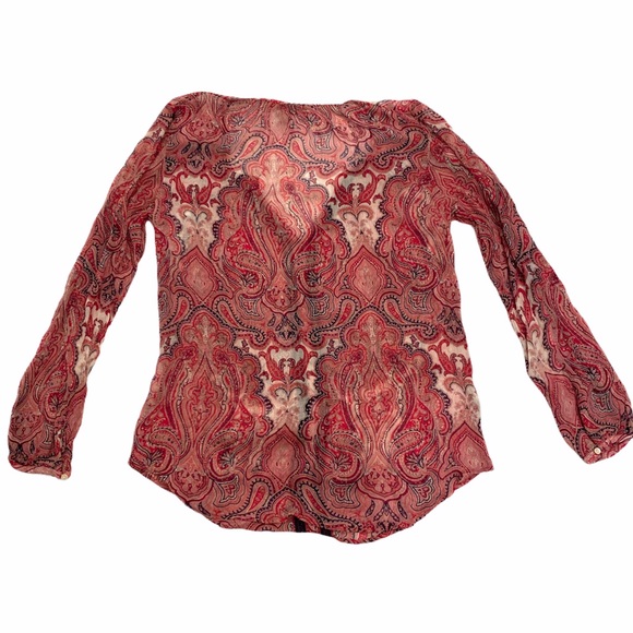 Lucky Brand red pink paisley printed sheer peasant blouse - Picture 7 of 8